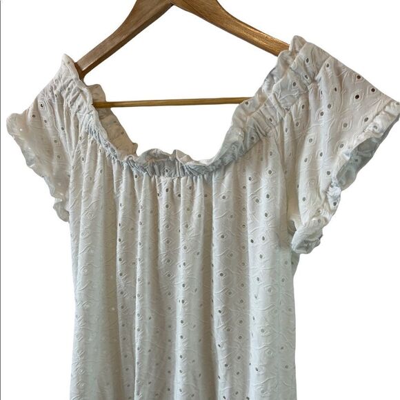 CUPIO White Eyelet Elastic Neckline Short Sleeve Elastic Bottom Bubble Top S - Picture 4 of 8